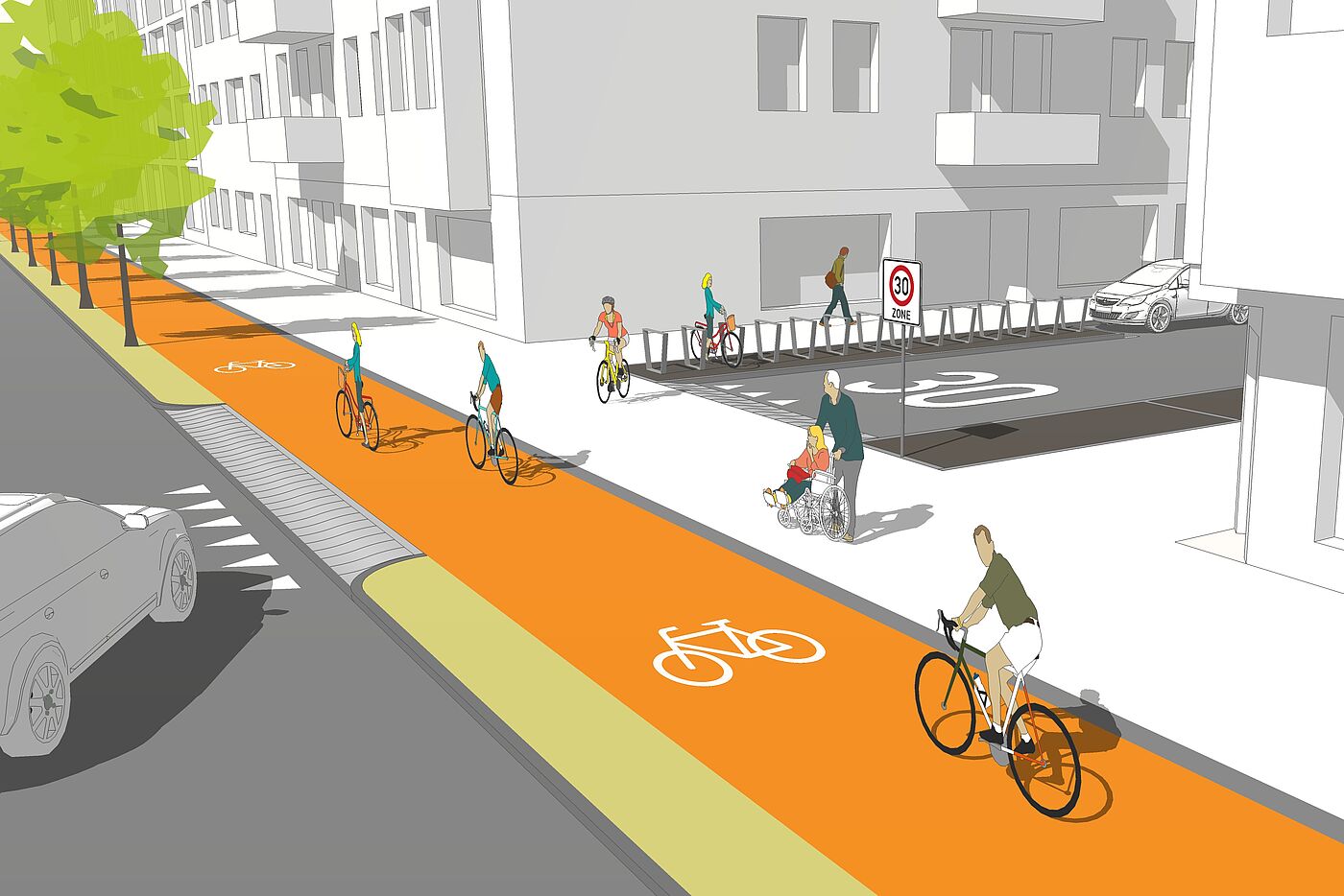 Grafik: Auto biegt rechts ab und trifft auf gehobenen Bereich für Radfahrer*innen.